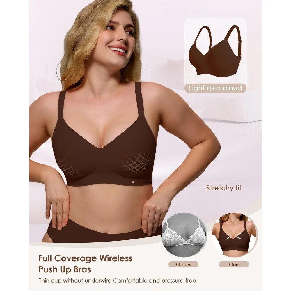 As Women's Fairy Seamless Wireless Push Up Comfort Bras V Neck Back 32DD
